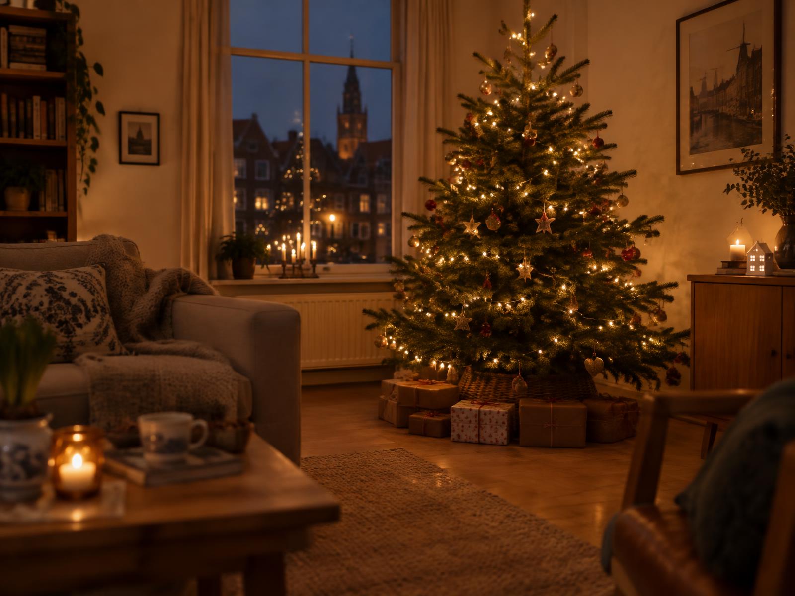 Versierde kerstboom met lichtjes in een gezellige woonkamer